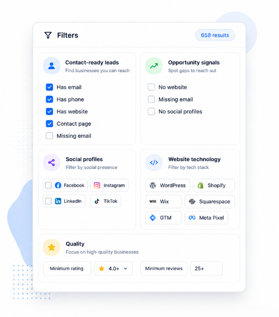 Lead filtering controls for Google Maps business data